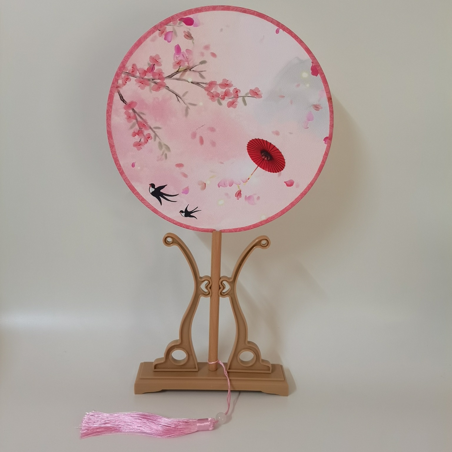 女汉服长柄圆扇流苏跳舞蹈道具宫扇手工古风扇子仙鹤空白布面团扇