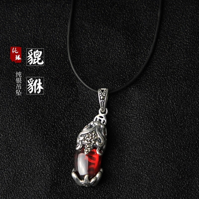 s925纯银招财祥瑞貔貅吊坠男女士石榴石复古个性霸气潮钥匙扣项链