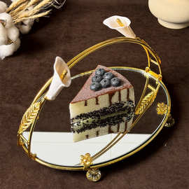 出口欧美铁艺椭圆形镜面托盘带把手马蹄花装饰蛋糕盘甜品台水果盘