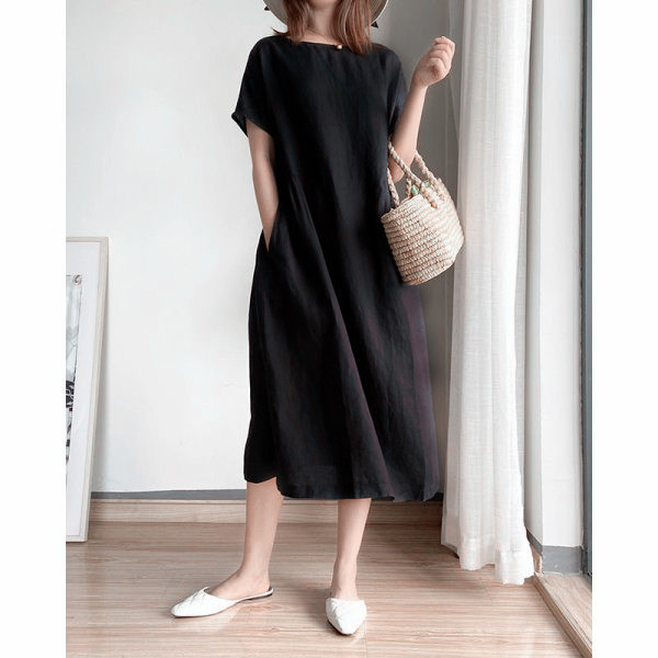 2024 New Amazon Independent Station Leisure Spring and Summer Loose Dress Short Sleeve round Neck Solid Color Cotton Linen Dress