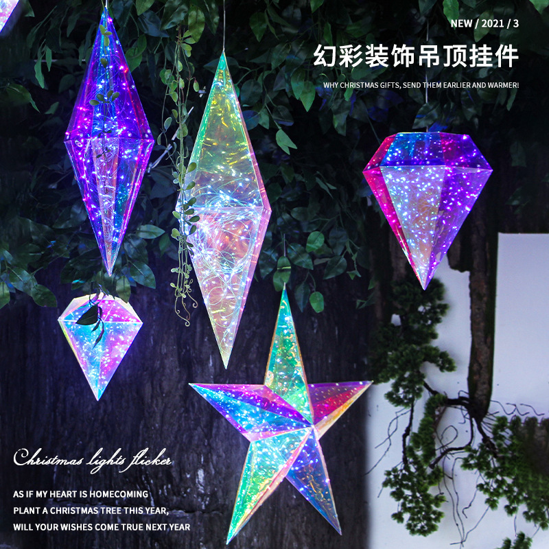 Factory Wholesale Colorful Luminous Five-Pointed Star Pvc Laser Film Shopping Window Outdoor Atmosphere Layout 4S Shop Decoration
