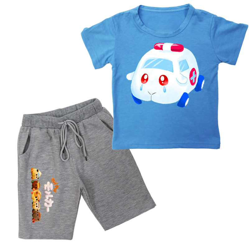 儿童卡通图片天竺鼠车车图案春夏短袖两件套短裤 棉短袖