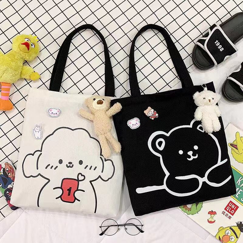 Korean Ins Large Capacity Canvas Bag Female Student Handbag for Class College Style All-Match and Cute Little Bear Shoulder Bag