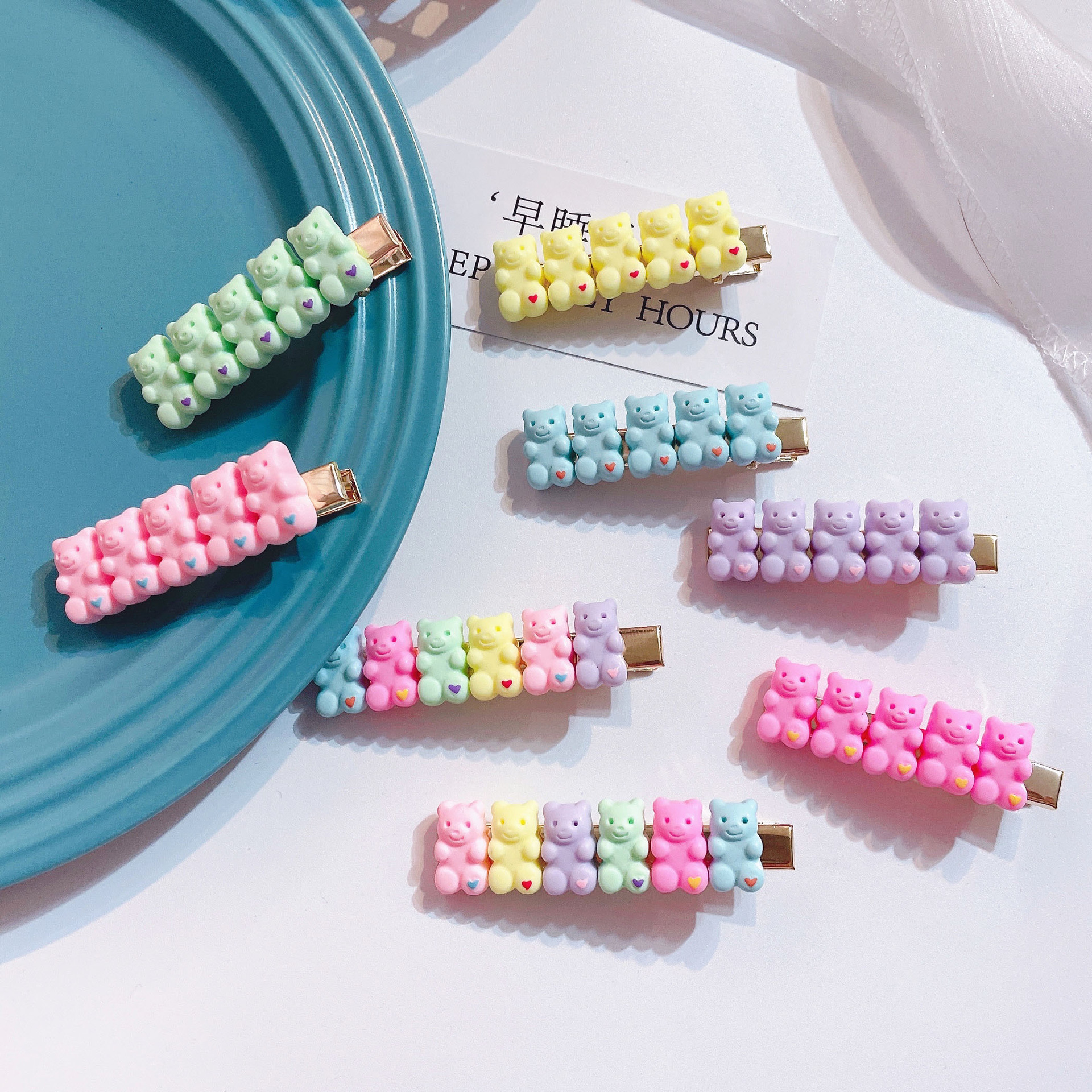 果汁软糖渐变小熊发夹~新款卡通可爱少女边夹甜美刘海发卡发饰女