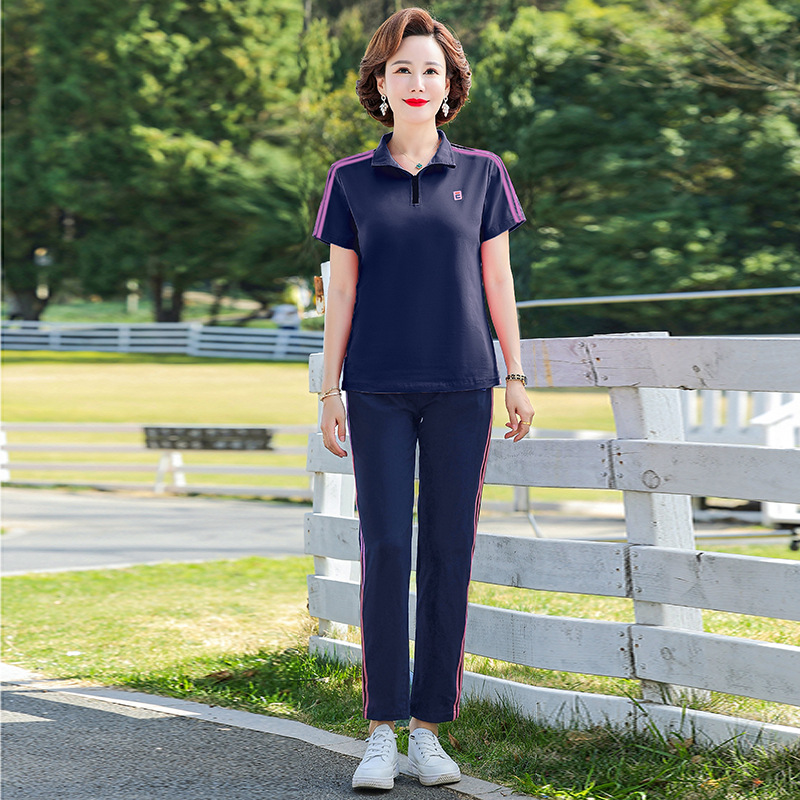 新款中年女装夏季运动服套装妈妈夏装洋气40岁休闲两件套短袖上衣