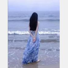 法式蓝色抹胸连衣裙仙女夏设计性感小众超仙公主海边度假吊带长裙