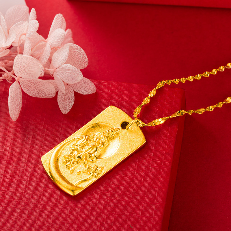 国潮中国风古法观世音菩萨沙金吊牌男款保平安仿黄金项坠饰品批发