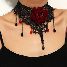 暗黑风洛丽塔哥特式蕾丝玫瑰项链 小众设计感流苏choker颈链项圈