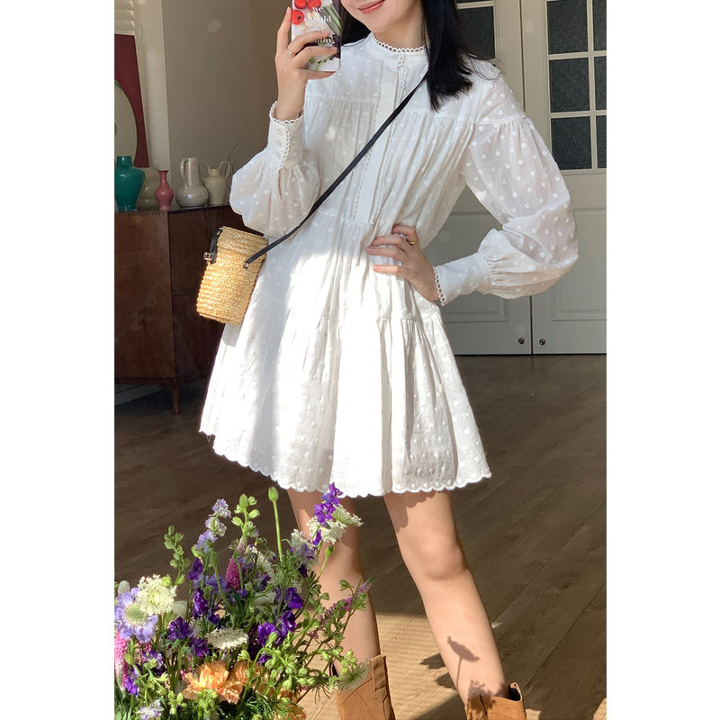 Women's French-Style White Dress for 13 Lines 2023 Spring New Small Stand Collar Embroidery A- line Dress First Love Skirt