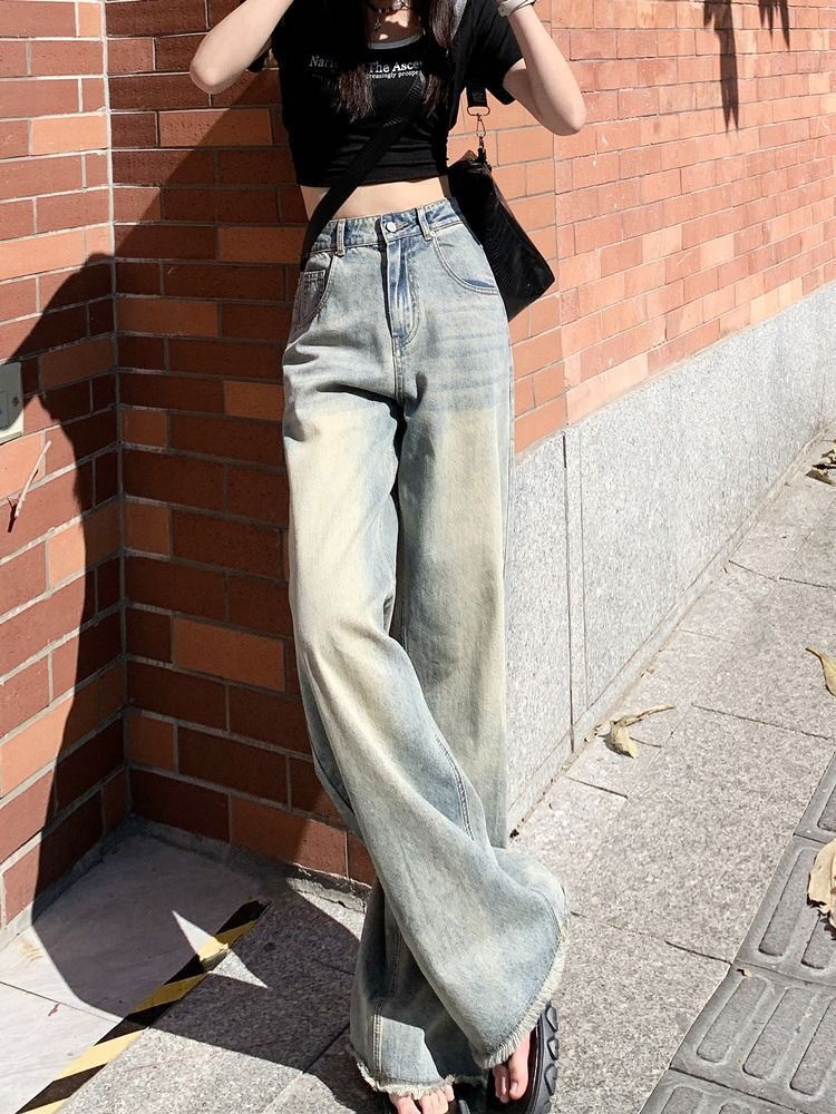 Fashion Special-Interest Frayed Lengthened Wide-Leg Jeans Women's Summer Loose Straight High Waist Slimming Drape Mop Pants