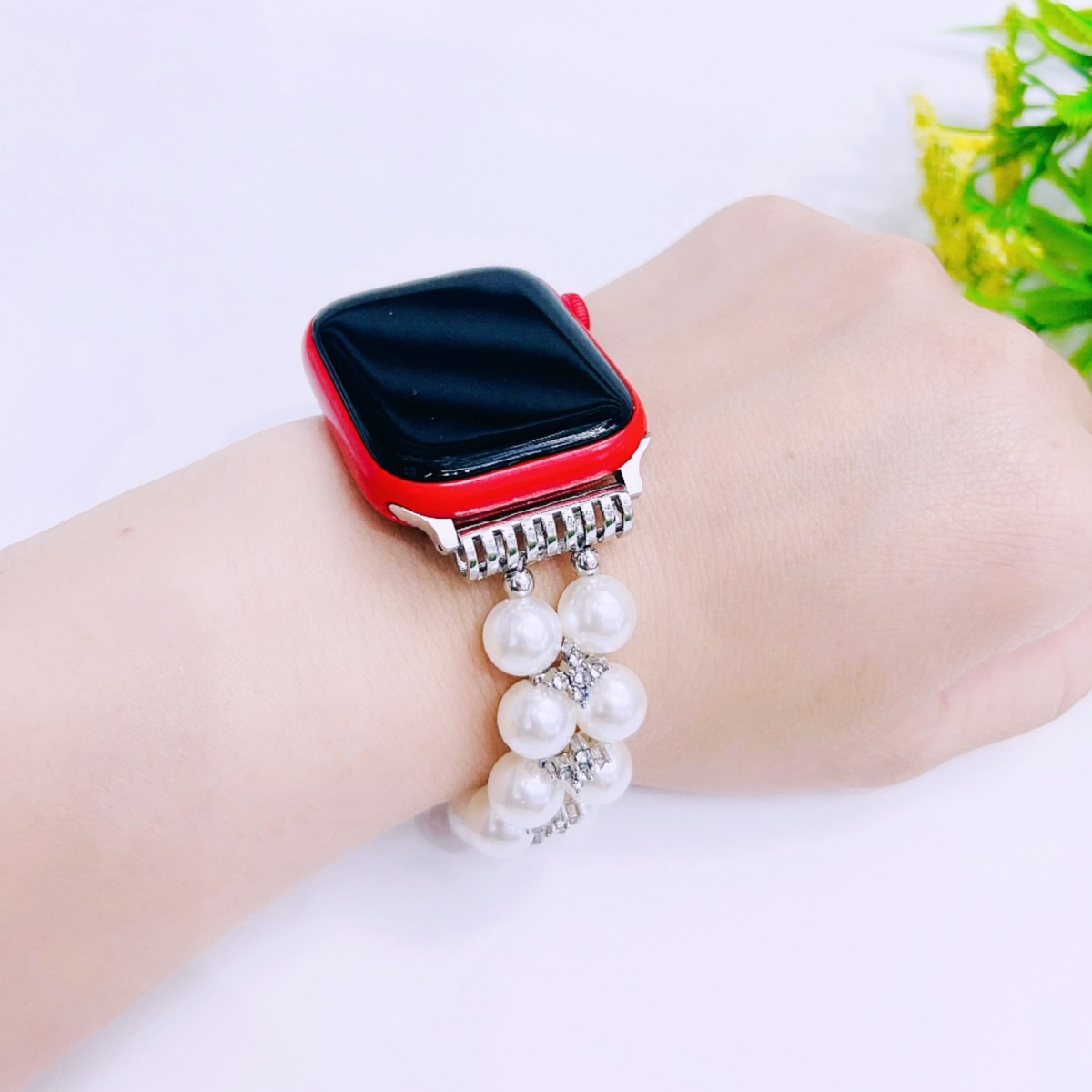 Applicable Smart Watch Apple Watch Xiaomi Huawei Pearl Alloy Diamond Elastic Strap Ornament Bracelet