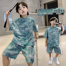 男童中国风盘扣套装天丝面料绿竹2024夏季儿童唐装中大童两件套