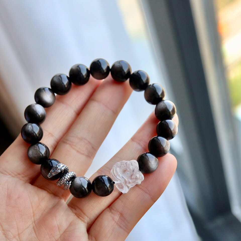 天然双眼猫眼银曜石手链高品质黑曜石醒狮原创手串直播供货-阿里巴巴