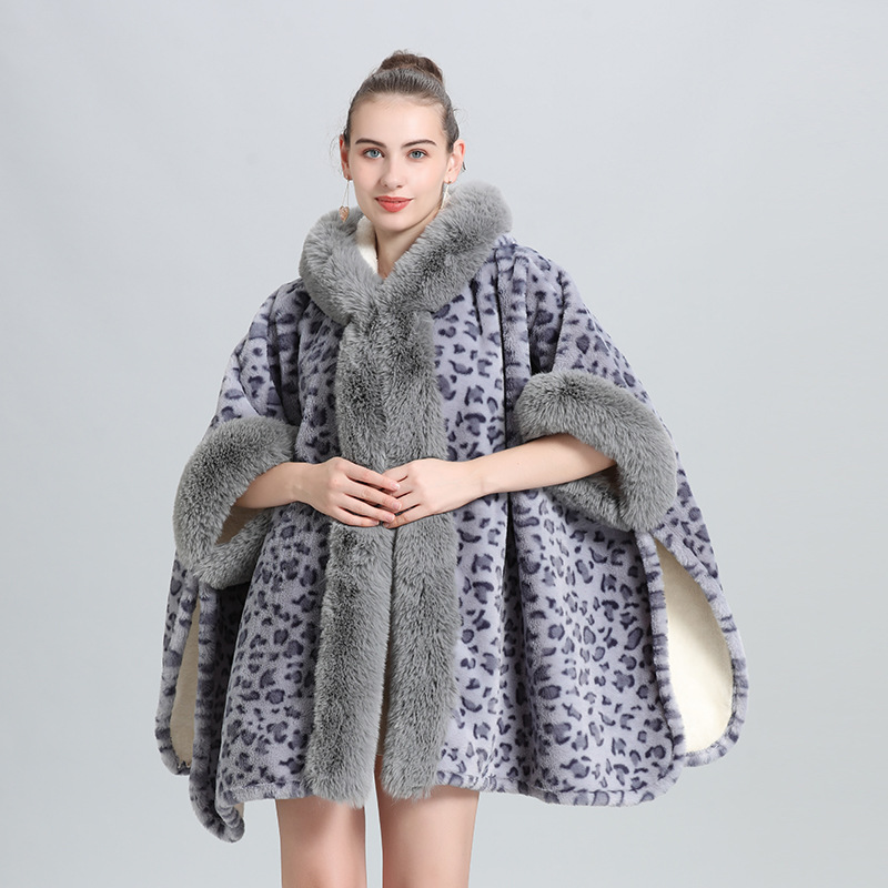 Live Broadcast Supply Cape and Shawl Fleece-Lined Thick Fur Collar Tassel Knitted Shawl Oversized Woolen Coat 0961#