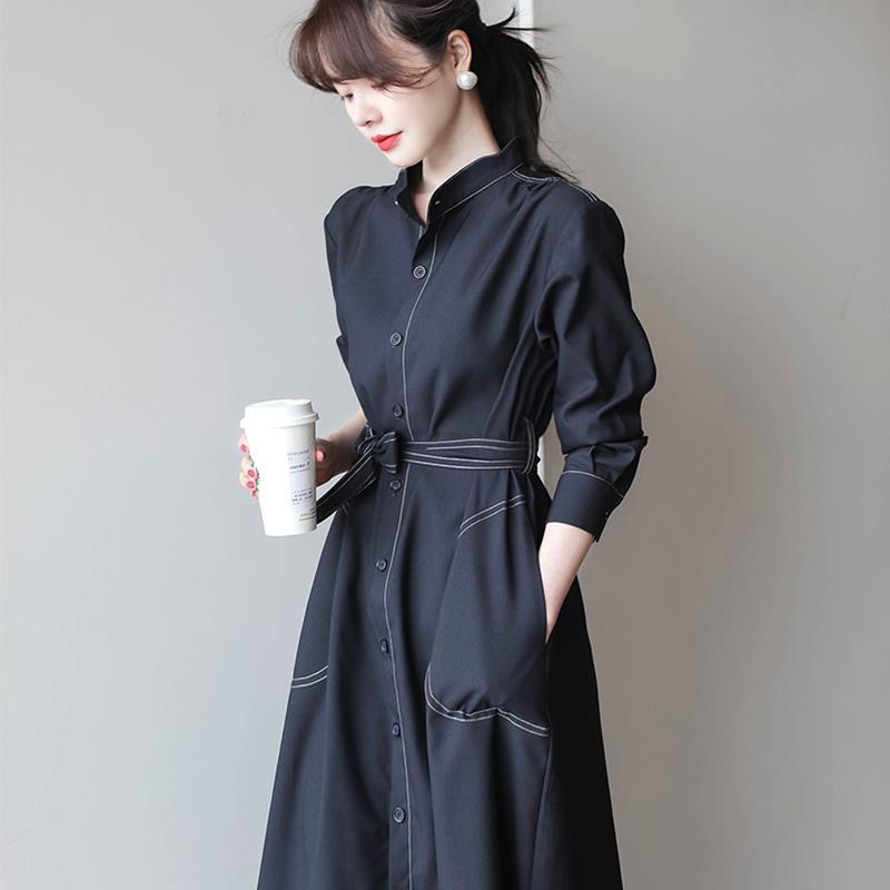 韩国chic极简主义优雅立领明线单排扣宽松绑带风衣式连衣裙长裙