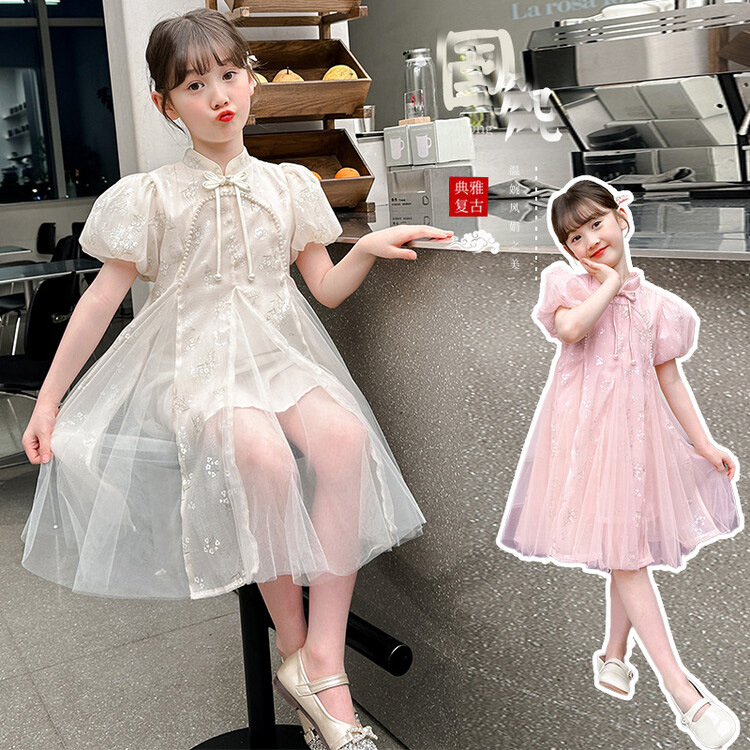 大童女衣服童装童连衣裙夏新中式风童盘扣国风公主裙外贸跨境代发