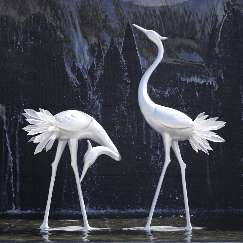 户外园林景观抽象水晶仙鹤玻璃钢雕塑公园草坪庭院水池丹顶鹤摆件