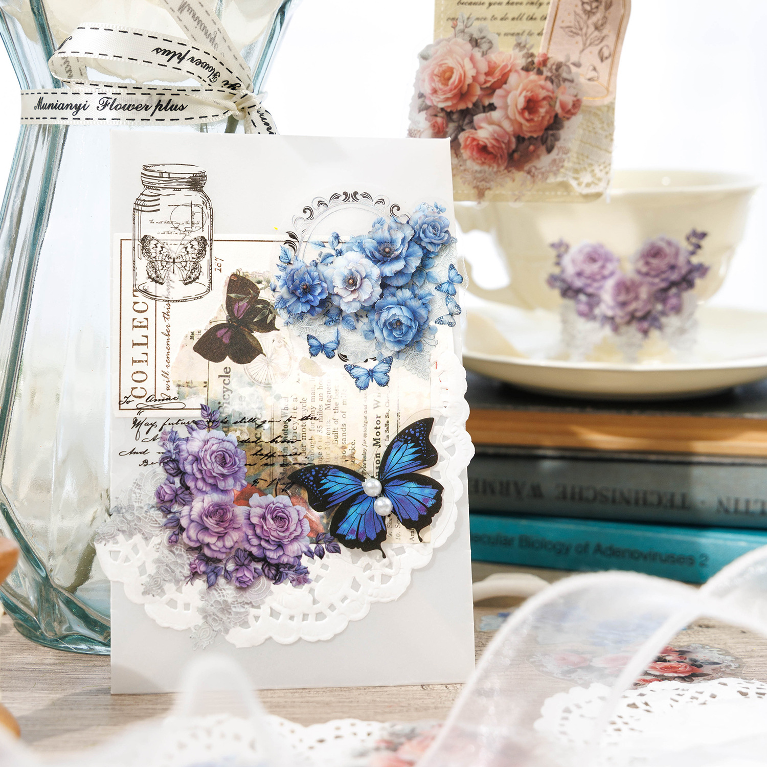 古古森林复古贴纸包 蕾丝花束系列 20张入花卉主题装饰贴纸4款