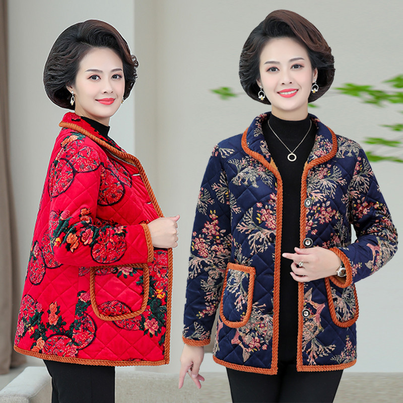 妈妈冬装加厚保暖棉衣506080岁加绒开衫印花小棉袄中老年女装外套