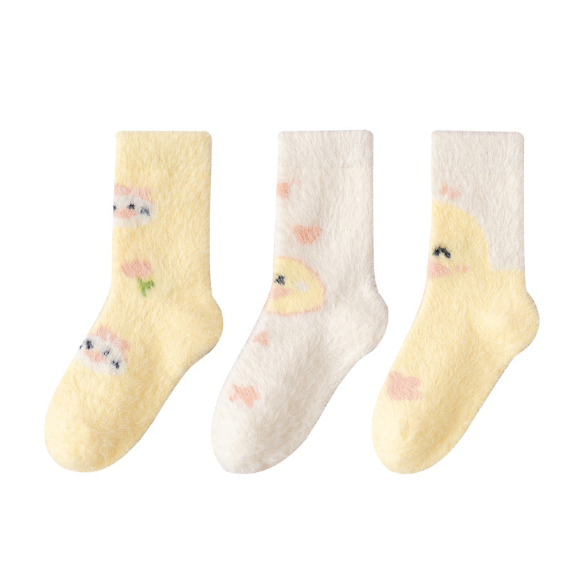 Autumn and Winter Thickened Mink Velvet Children's Socks Boys and Girls Small Flower Cartoon Yellow Duck Warm Double-Sided Velvet Soft Cute Socks