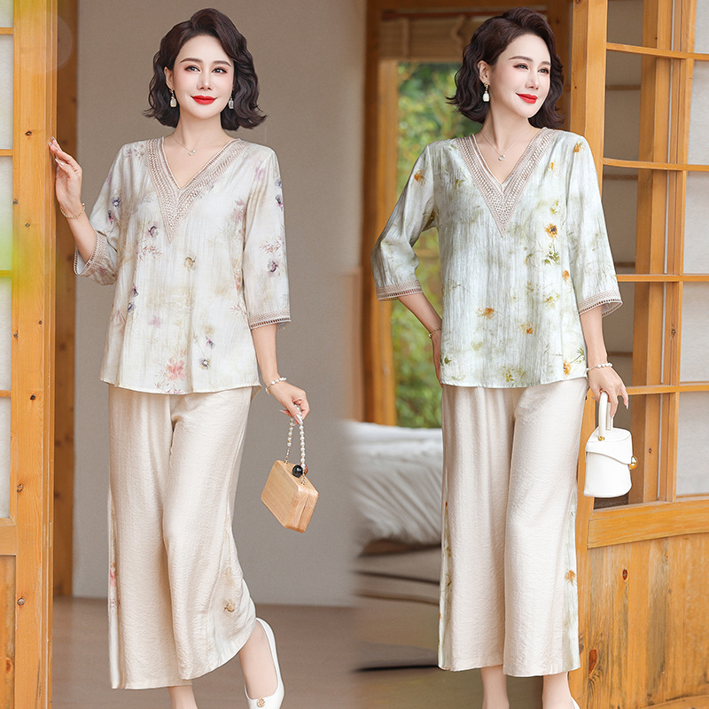 中年妈妈夏装棉麻套装2024新款中老年女装夏季短袖上衣服气质衬衫