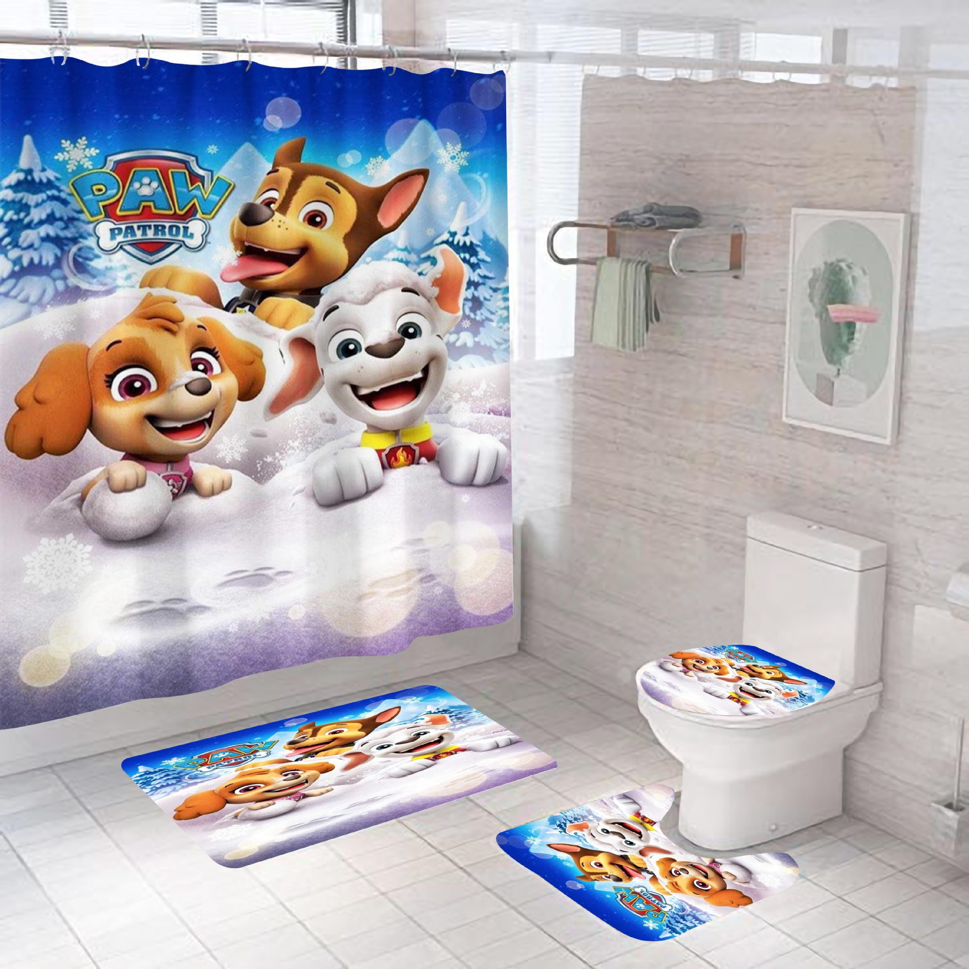 Amazon Hot Sale Paw Patrol Cartoon Anime Series Mildew-Proof Waterproof Polyester Bathroom Shower Curtain Four-Piece Suit