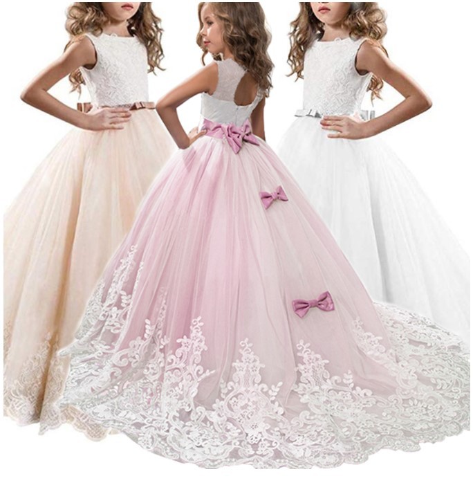 跨境热销亚马逊外贸童装蓬蓬公主裙蕾丝中大童礼服拖尾婚礼花童裙