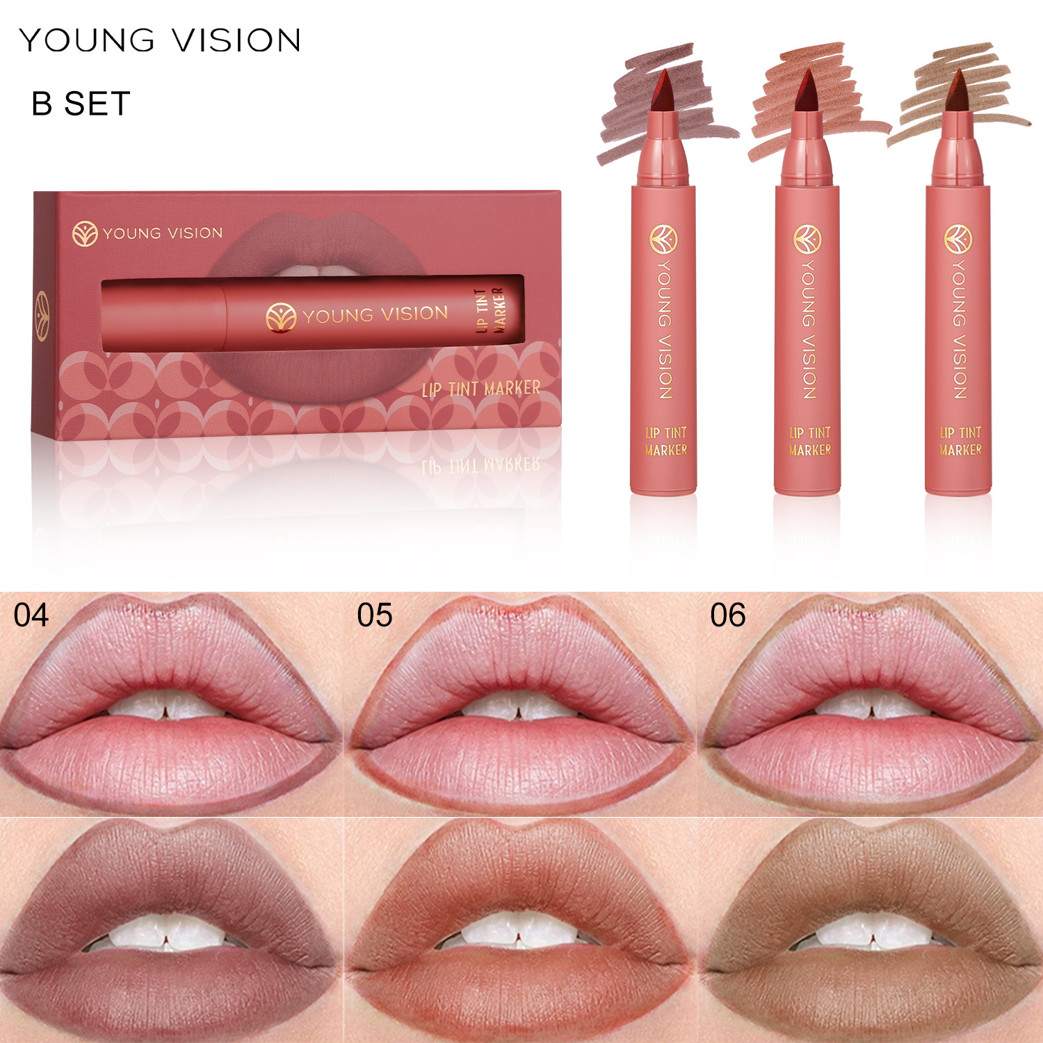 Young Vision Lip Stain Pen 3 Color Lipstick Water Set Lip Liner Matte No Stain on Cup Lip Stain