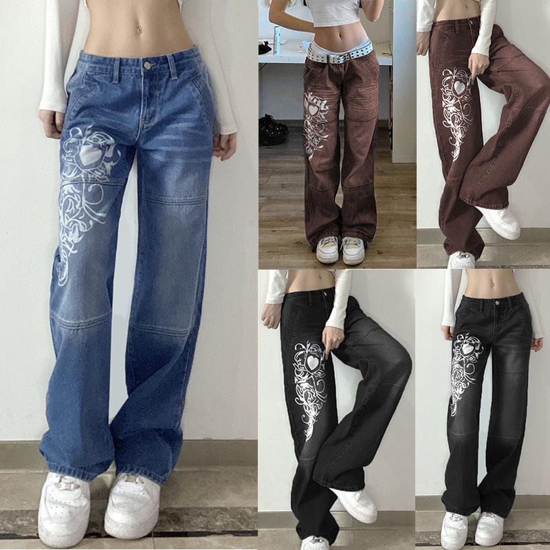   European and American Denim Women's Pants Trendy New Print oose Wide-eg Women's Jeans Amazon AliExpress Popular