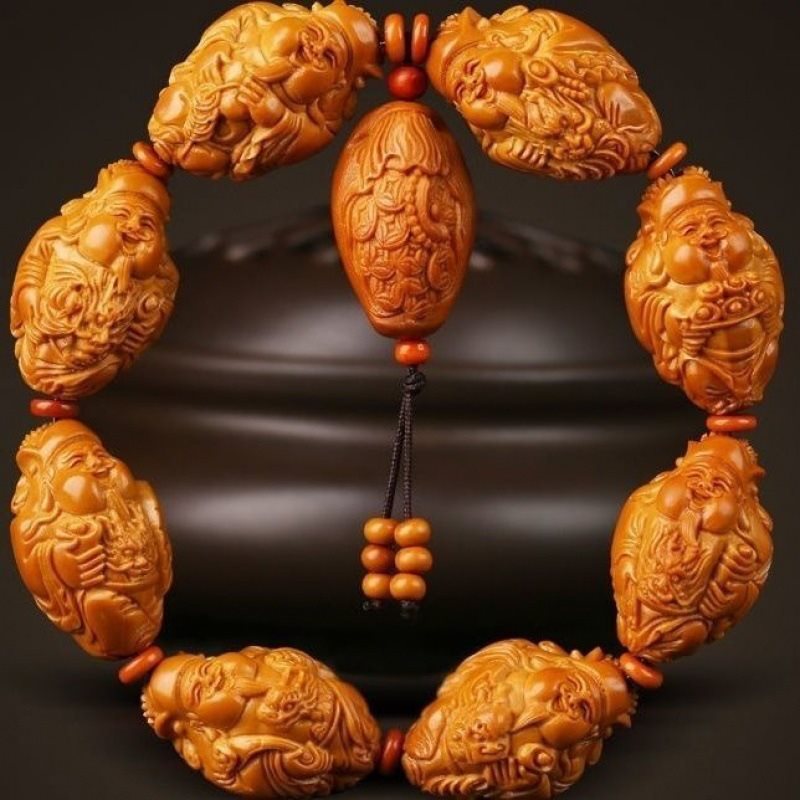 橄榄核文玩手串核雕刻白菜百财爆红梅林老料男士胡手链女一件代发