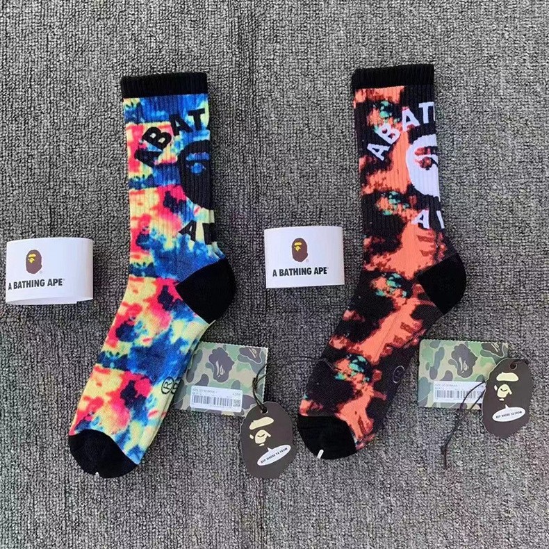 日本bape猿人头袜子扎染彩绘袜毛巾底长筒运动袜潮袜新款潮牌批发
