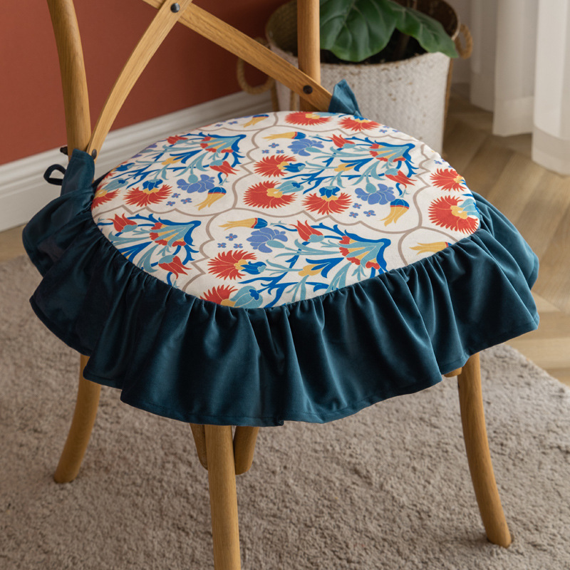 Cross-Border Four Seasons Netherlands Velvet Printed Cushion Dining Chair Removable and Washable Rope Vintage Ruffled Chair Cushion Wholesale