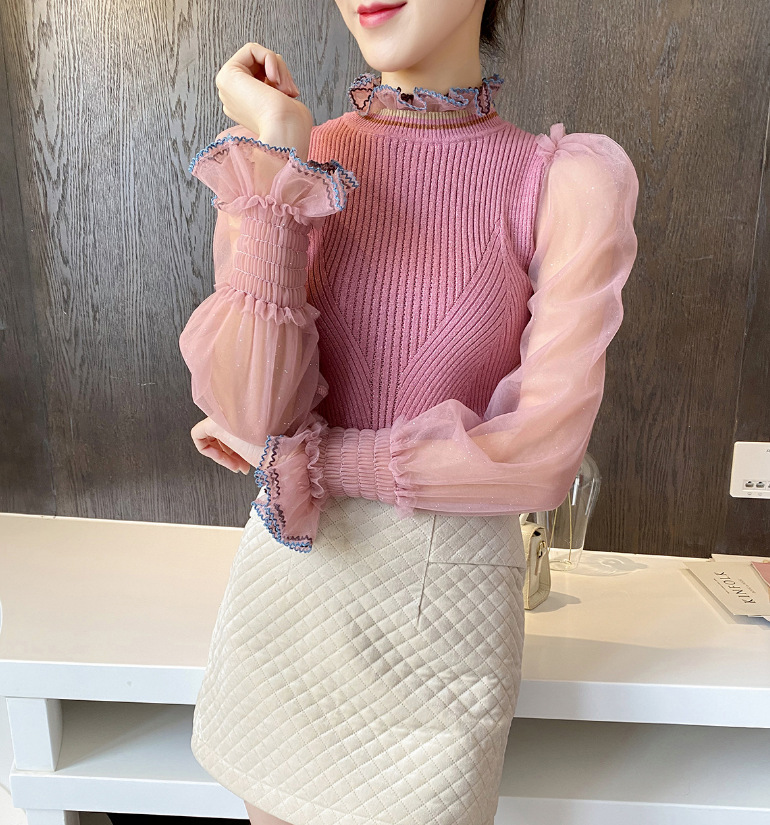 闪闪亮丝豆沙粉色毛衣韩版喇叭袖针织衫女长袖chic港味上衣打底衫