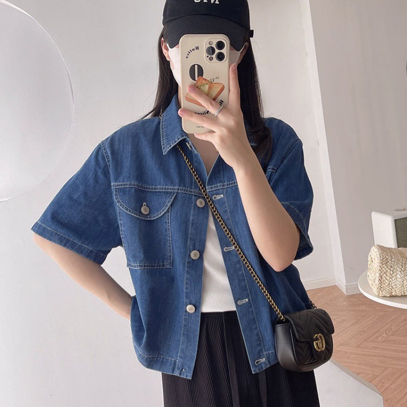 复古薄款新款牛仔短袖外套翻领单排扣宽松港风短款衬衫上衣女夏