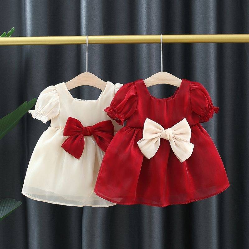 女宝宝漂亮童装夏季新款0-1岁婴儿红色生日礼服2女童网纱连衣裙