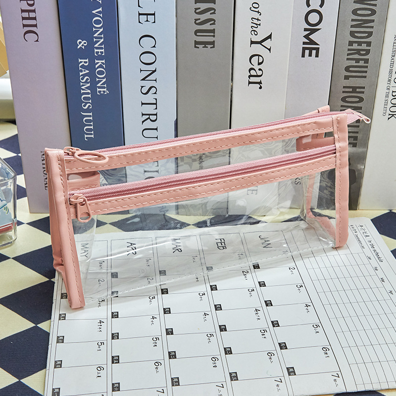 Double Transparent Triangle Pencil Case Large Capacity Exam Pencil Case Elementary School Girl Good-looking Stationery Case Pencil Box