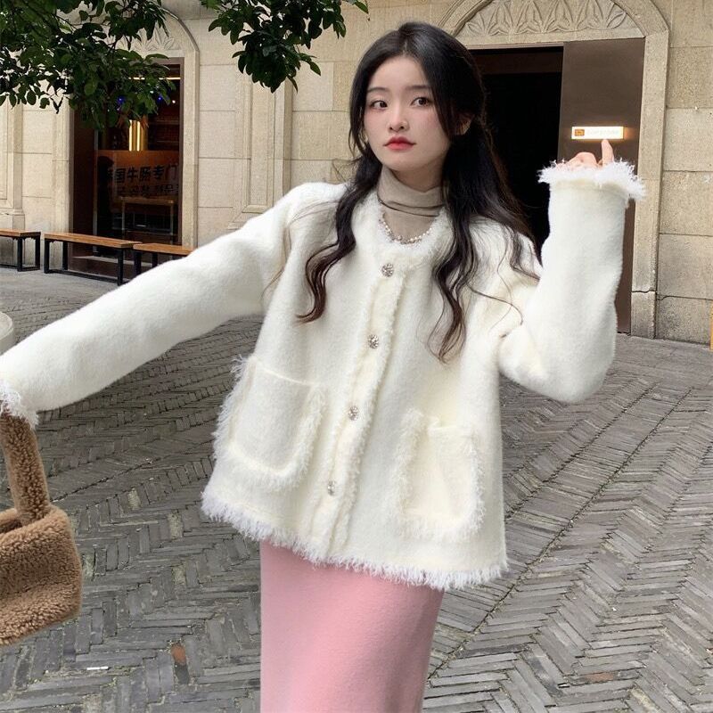 Jiao Mei 2023 New Autumn and Winter Soft Glutinous All-Match Sweater Coat Women's Loose Age-Reducing Long-Sleeved Cardigan Top