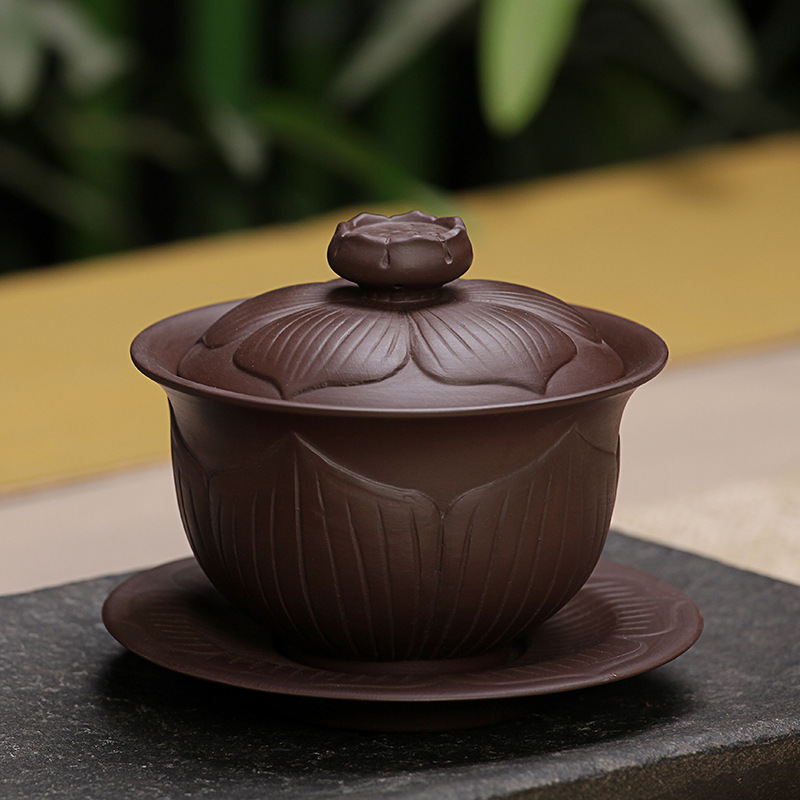 宜兴紫砂黑泥紫泥盖碗套装功夫茶具茶杯三才敬茶杯泡茶壶茶器