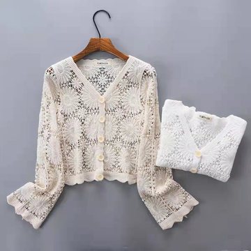 春夏季新款钩花镂空针织衫甜美大花朵减龄v领开衫时尚短款防晒服