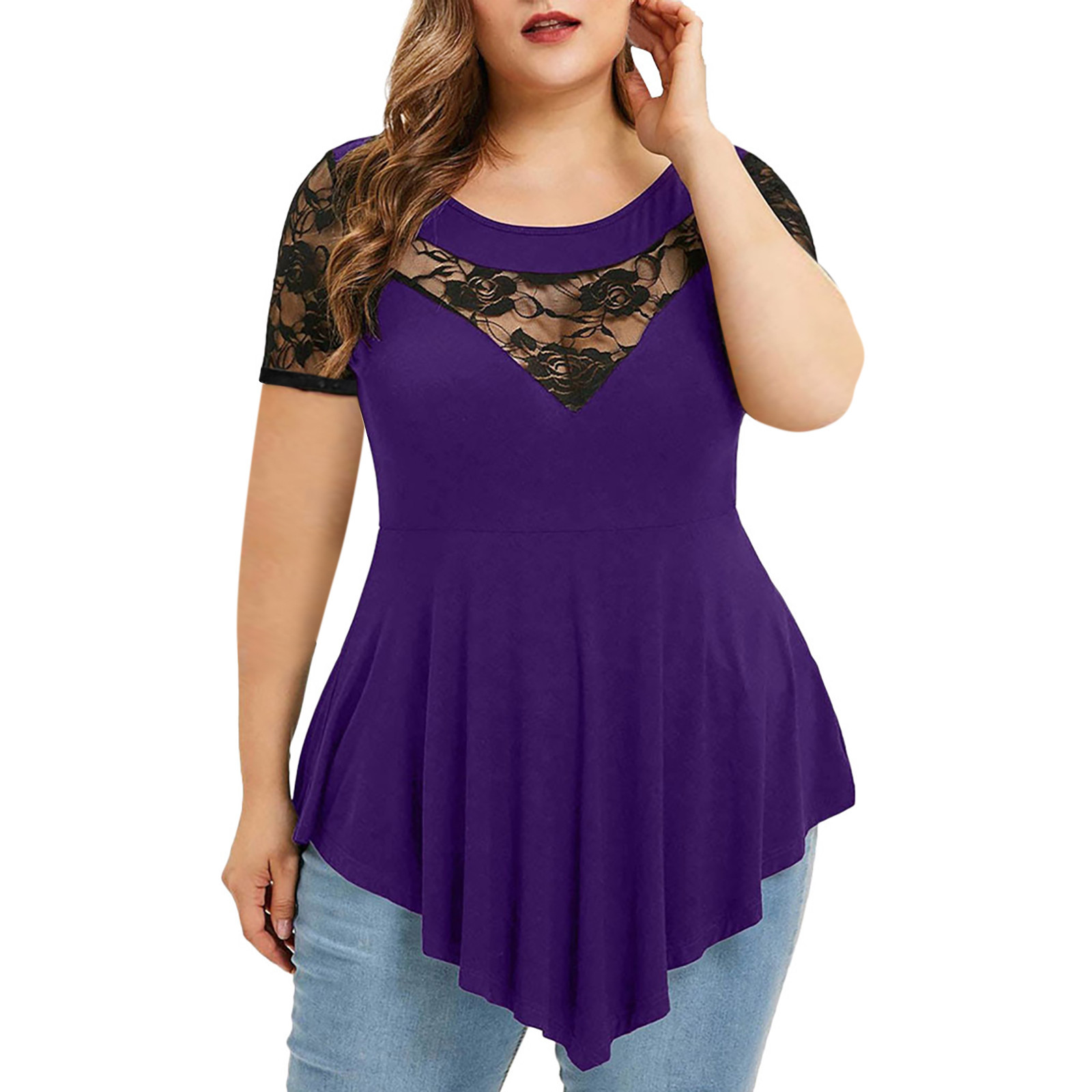 Cross-Border Foreign Trade New Women's Clothing plus Size Flower Lace Short Sleeve Irregular Hem See-through round Neck Women's Top Women Clothes