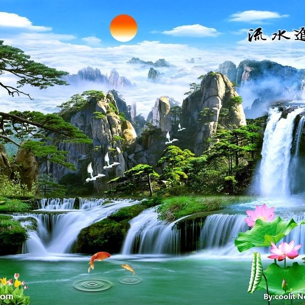影壁墙户外瓷砖背景墙壁画迎门墙迎客松流水生财山水风景画