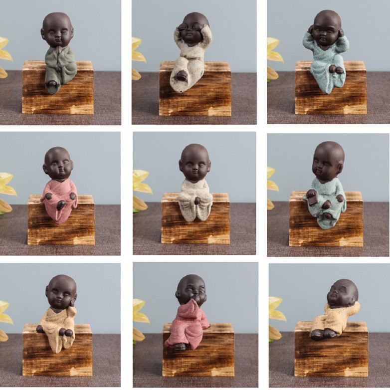 禅意小和尚摆件陶瓷小工艺品礼品 家居办公汽车摆件茶宠花宠现货