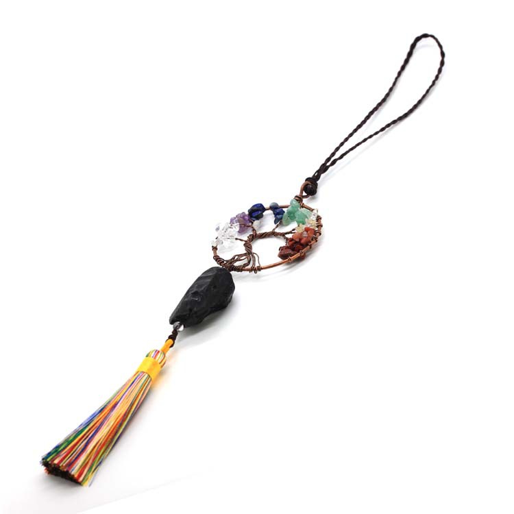 新品碎石绕线生命树圆形挂件 水晶石流苏车挂编织发财树汽车车饰