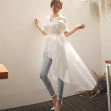 夏新款白色衬衫裙时尚单排扣短袖系带收腰不规则燕尾中长款连衣裙