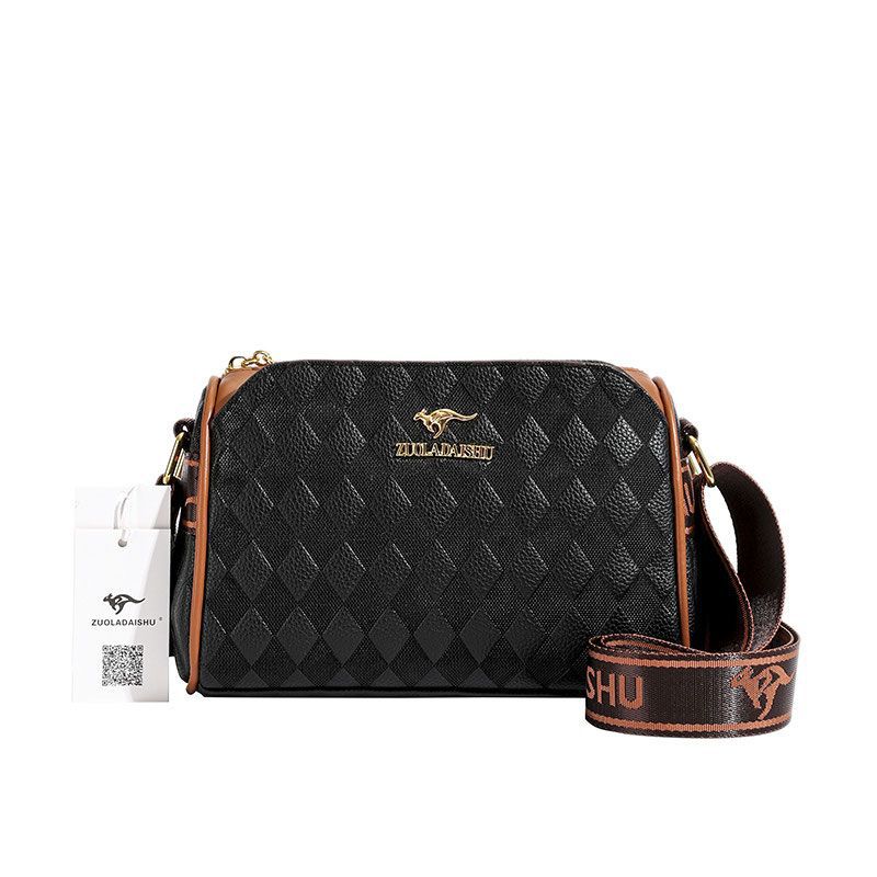 中宇袋鼠牛皮女包包多层单肩斜挎小方包2023新款小圆包笔筒包