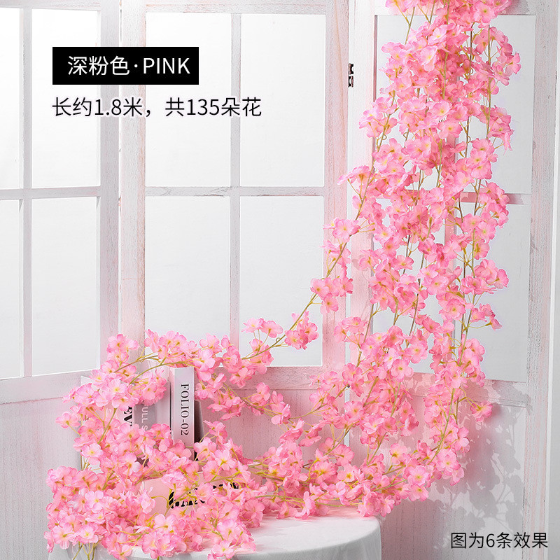 Artificial Cherry Blossom Rattan Winding Air Conditioning Pipe Vine Vine Tree Artificial Plastic Fake Flower Rattan Decorative Flower Vine