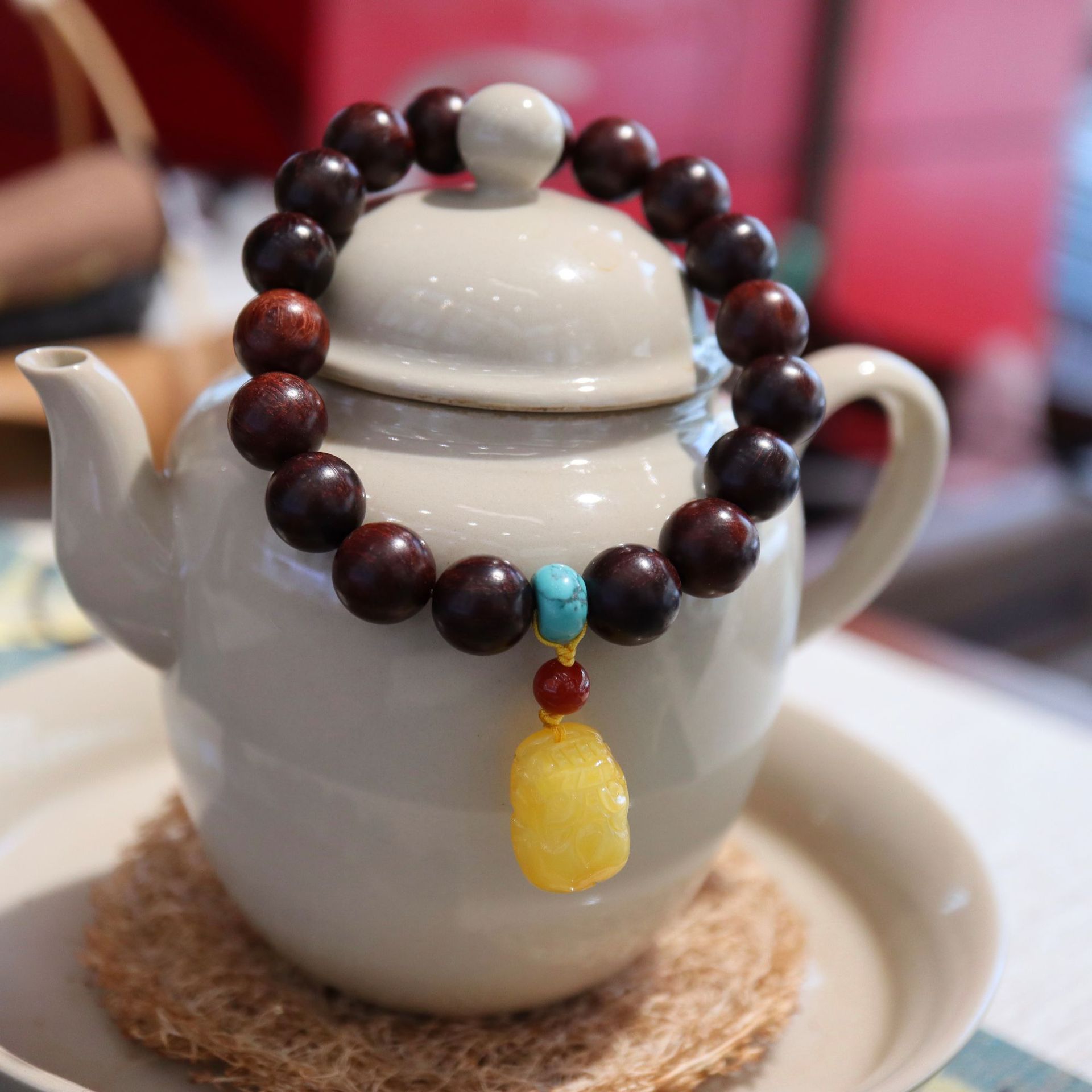 小叶紫檀手链10mmmm高密度高油性搭配天然蜜蜡貔貅吊坠南红绿松石