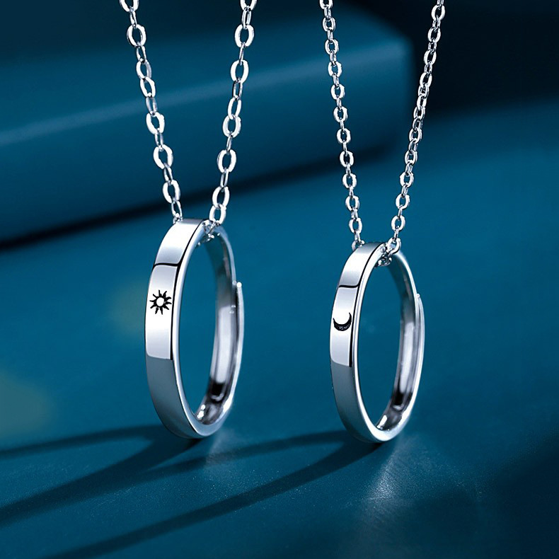 s925银菱形日月情侣戒指项链男女一对日韩简约太阳月亮对戒食指环