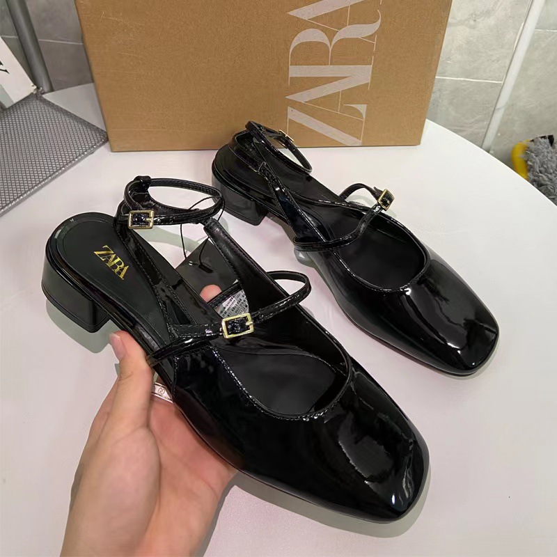 新品秋季低跟玛丽珍单鞋方头搭扣浅口后绑带一字带粗跟凉鞋女