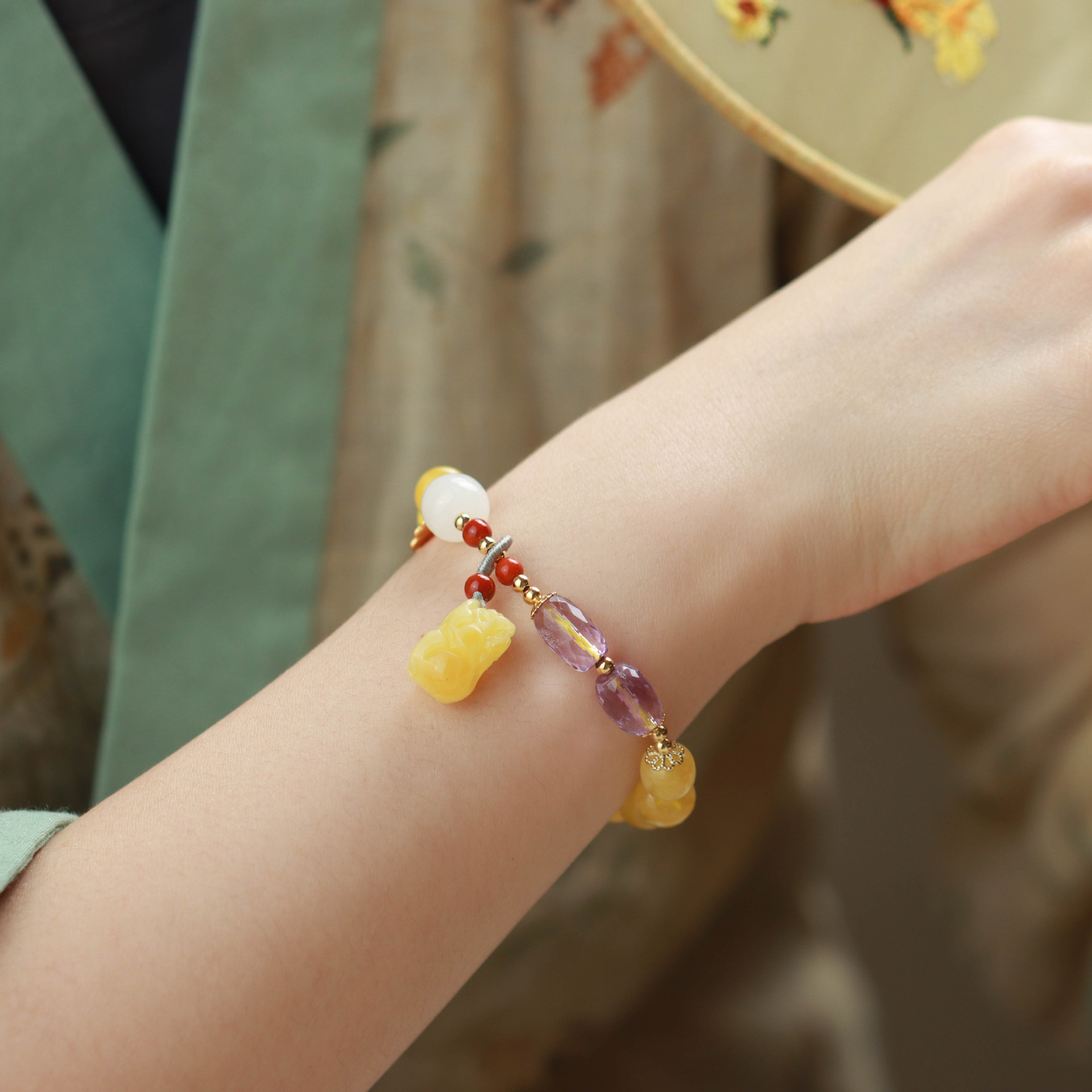 蔓时光天然蜜蜡老型珠手串貔貅紫水晶diy串珠手工女国风手链手串